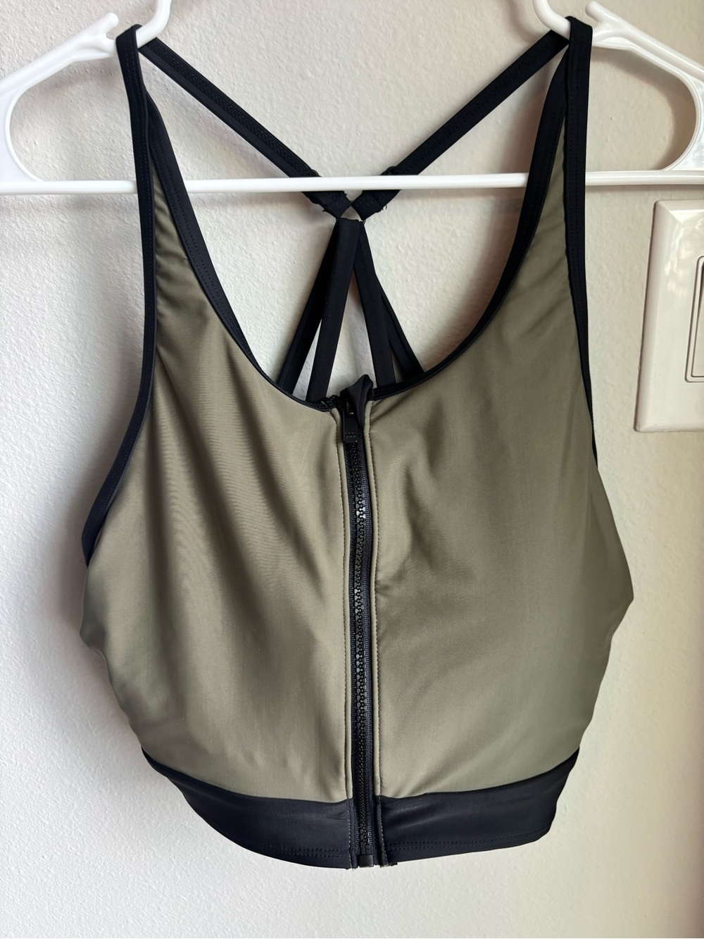 all in motion Olive Green Front-Zip swim top/bra with Black Trim size large